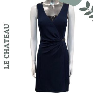 Le Château Navy Faux Wrap Dress with Lace Detail | Sleeveless Ruched | Size XXS